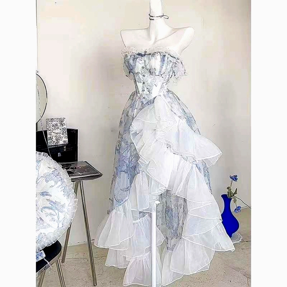 Blue Floral Vintage Style Lolita High-Low Gown (XS-S)